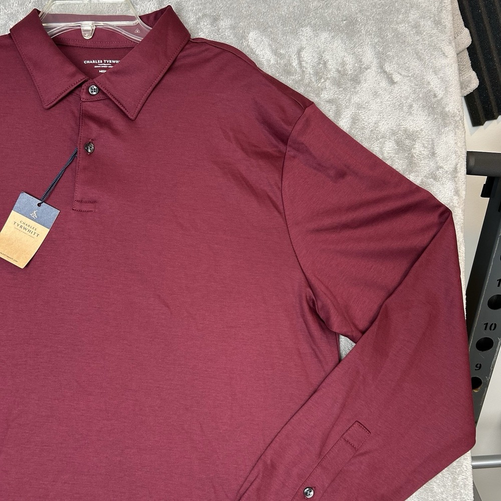 Charles Tyrwhitt Mens Medium Long Sleeves Polo Wine Red Shirt 100% Cotton Shirt - Picture 15 of 16